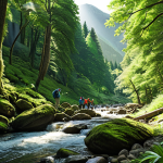 **

"A lush green forest scene with sunlight filtering through the leaves, a clear stream flowing, diverse flora and fauna, fully clothed hikers observing the scenery, appropriate attire, safe for work, perfect anatomy, natural proportions, family-friendly, professional photography, high quality."

**