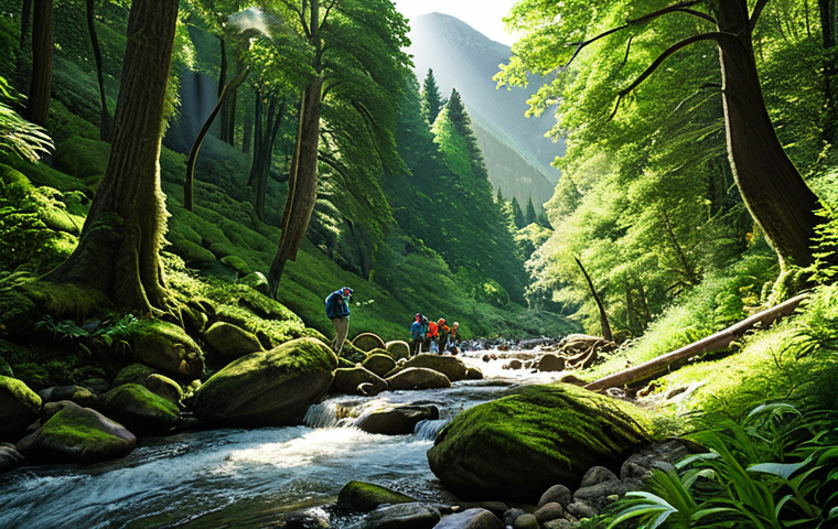 **

"A lush green forest scene with sunlight filtering through the leaves, a clear stream flowing, diverse flora and fauna, fully clothed hikers observing the scenery, appropriate attire, safe for work, perfect anatomy, natural proportions, family-friendly, professional photography, high quality."

**
