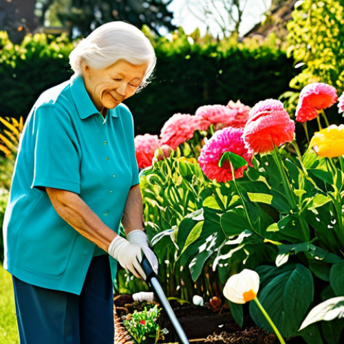 Home 12 **Prompt:** A vibrant and healthy senior citizen, fully clothed in comfortable clothing, tending a garden filled with colorful flowers. Sunlight filters through the leaves. safe for work, appropriate content, family-friendly, professional photography, perfect anatomy, natural proportions.