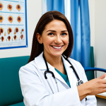 A female doctor in a clean, bright clinic, wearing a white coat and stethoscope, smiling reassuringly at a child patient who is fully clothed. The clinic has medical equipment and posters about vaccinations in the background. safe for work, appropriate content, fully clothed, professional, family-friendly, perfect anatomy, correct proportions, natural pose, well-formed hands, proper finger count, natural body proportions.