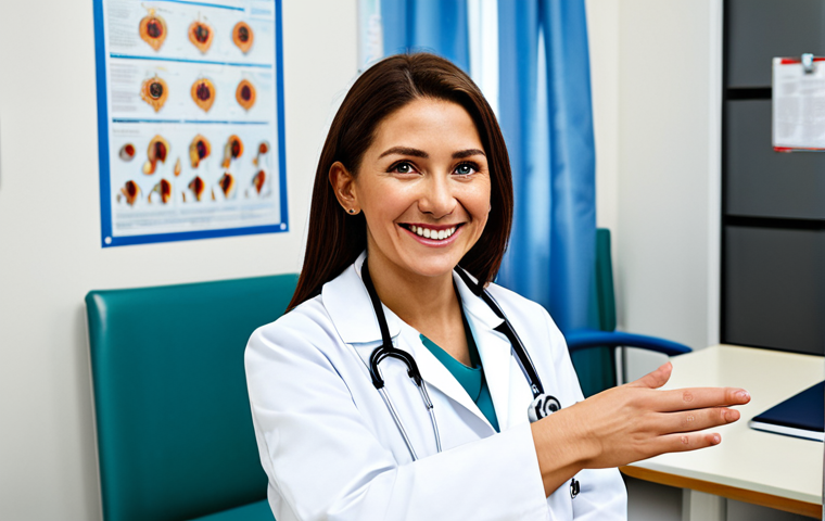 A female doctor in a clean, bright clinic, wearing a white coat and stethoscope, smiling reassuringly at a child patient who is fully clothed. The clinic has medical equipment and posters about vaccinations in the background. safe for work, appropriate content, fully clothed, professional, family-friendly, perfect anatomy, correct proportions, natural pose, well-formed hands, proper finger count, natural body proportions.