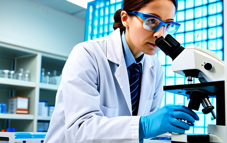 종양 생물학 - Cancer Cell Research**
"A scientist in a brightly lit laboratory, wearing a lab coat and safety gla...