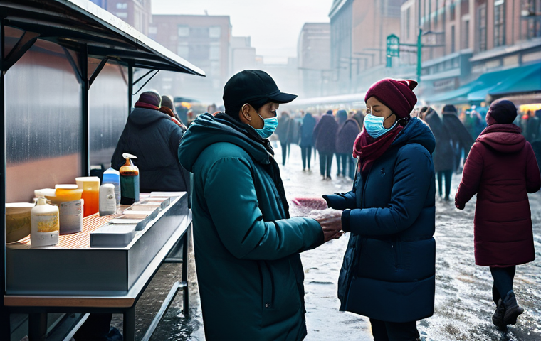 인플루엔자 바이러스 - Image Prompt 1: Flu Transmission and Prevention in a Public Setting**