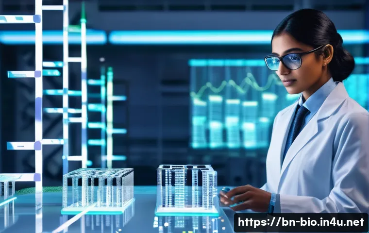 인공지능과 유전체 분석 - A high-tech medical laboratory scene focused on genomic analysis for personalized healthcare, featur...