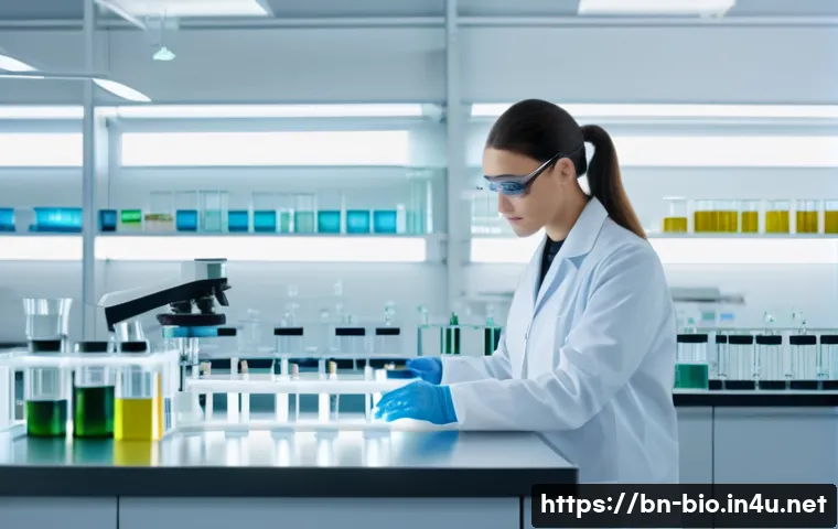 동물실험과 대체 기술 - A modern scientific laboratory scene focused on in vitro testing: a bright, clean lab with a researc...