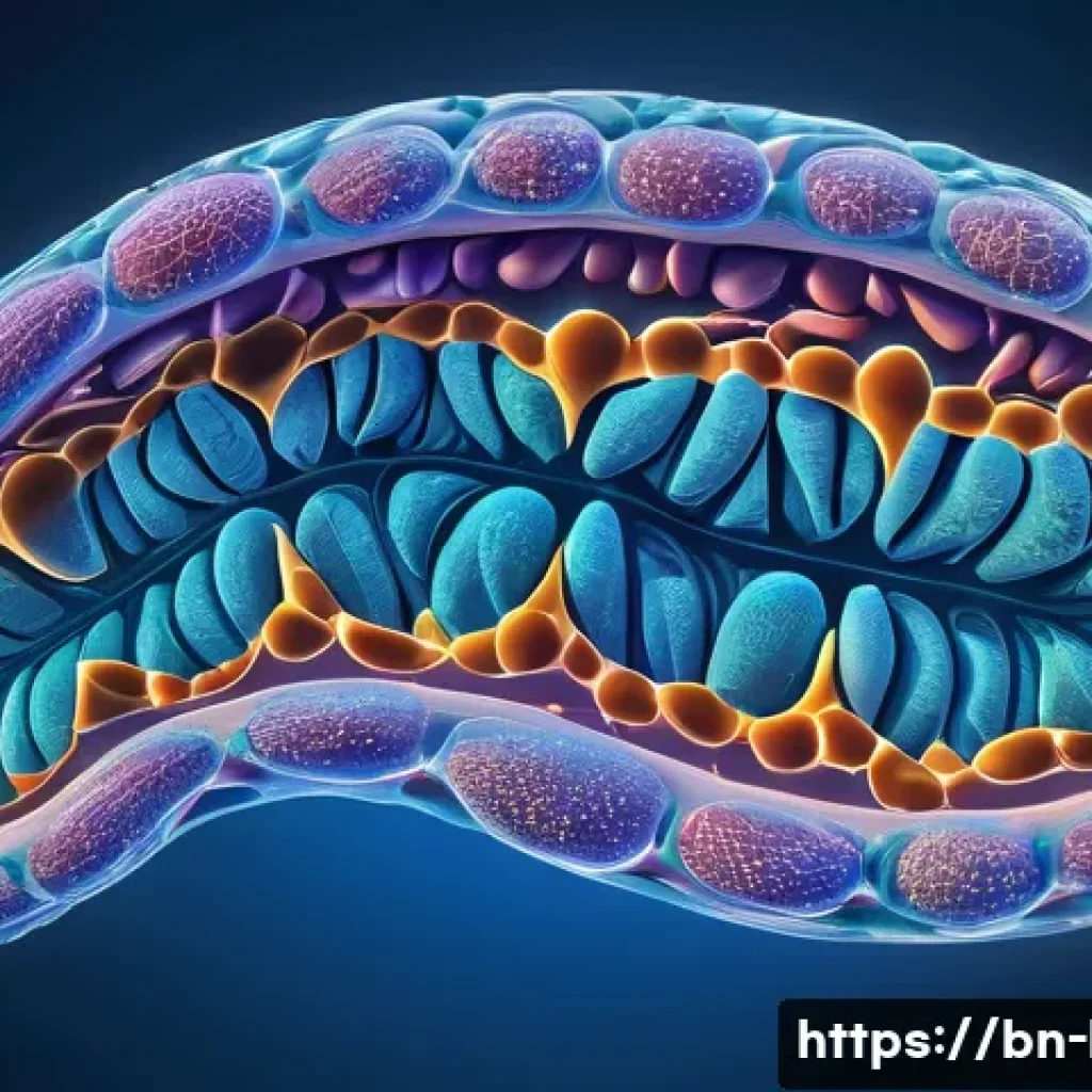 세포 소기관 기능 - A highly detailed scientific illustration of a mitochondrion inside a human cell, showcasing its dou...