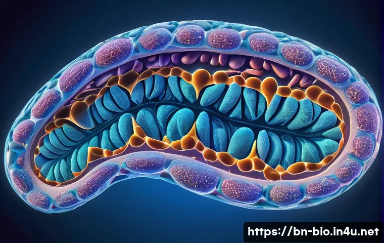 세포 소기관 기능 - A highly detailed scientific illustration of a mitochondrion inside a human cell, showcasing its dou...