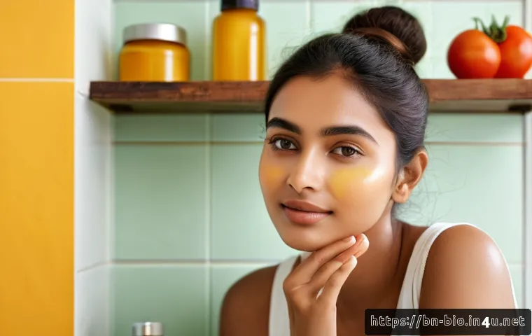항산화제와 노화 방지 - A close-up portrait of a young Bengali woman with glowing, hydrated skin, applying a natural antioxi...