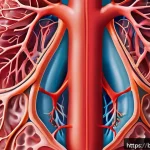 호흡과 에너지 대사 - A detailed cross-sectional illustration of the human respiratory system focusing on the airflow from...